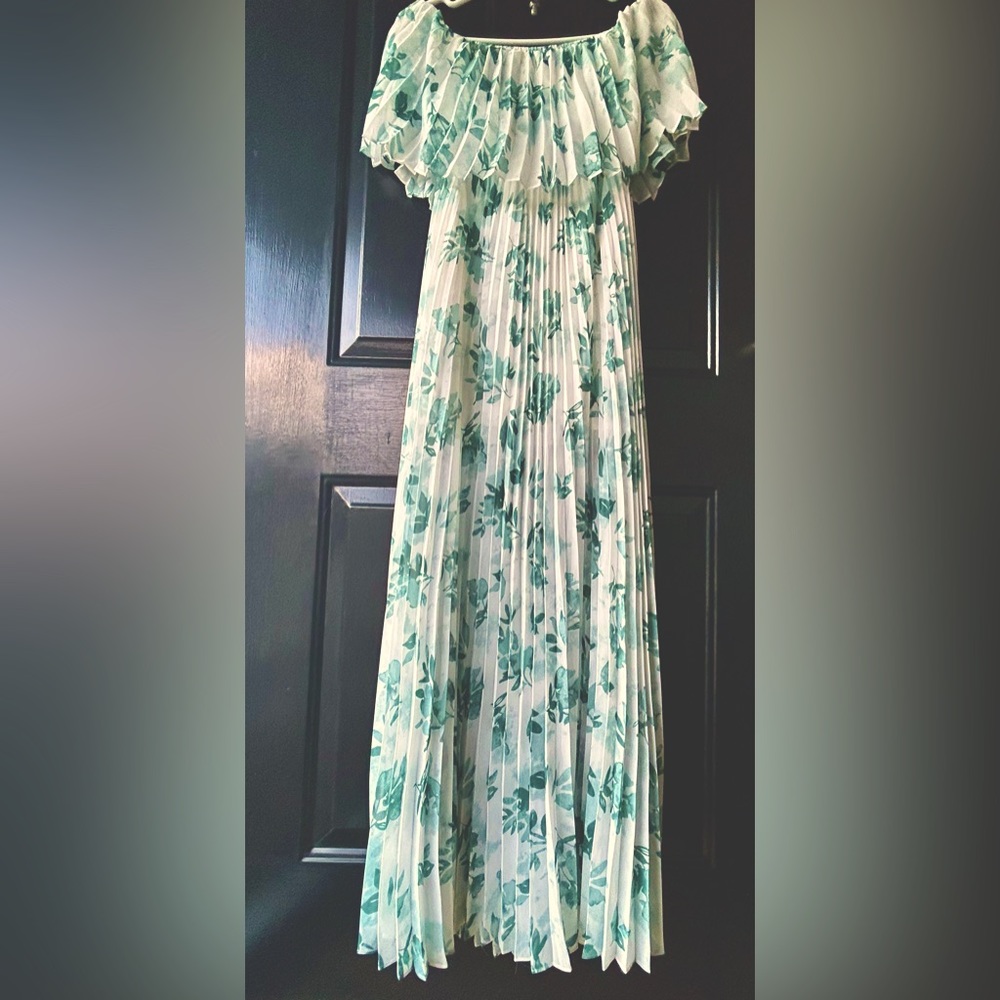 Green and White Floral, pleated, off the shoulder Maxi.